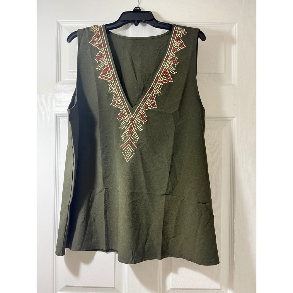 Olive Green Sleeveless V-Neck Embroidered Boho Tunic Top Plus Size XXL - Picture 1 of 4